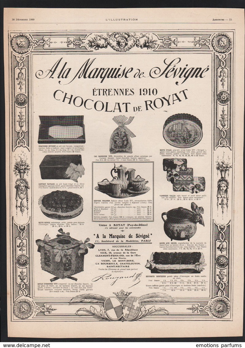 Pub Papier 1909 Marquise De Sévigné Chocolat De Royat Puy De Dome Auvergne 63 Etrennes Blasons - Publicités