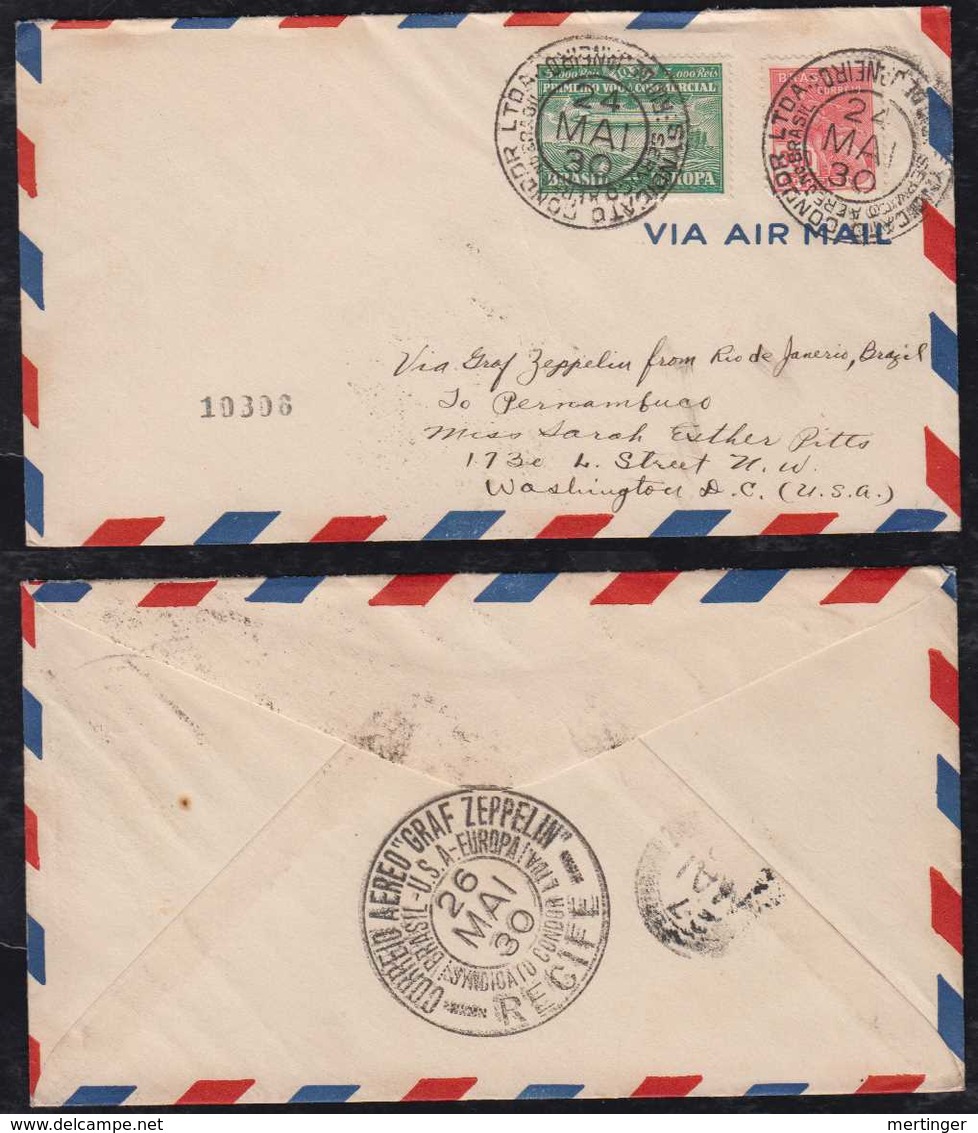 Brasil Brazil 1930 Zeppelin Mi# 1 Cover 180° Turned Date In Postmark To WASHINGTON USA - Posta Aerea (società Private)