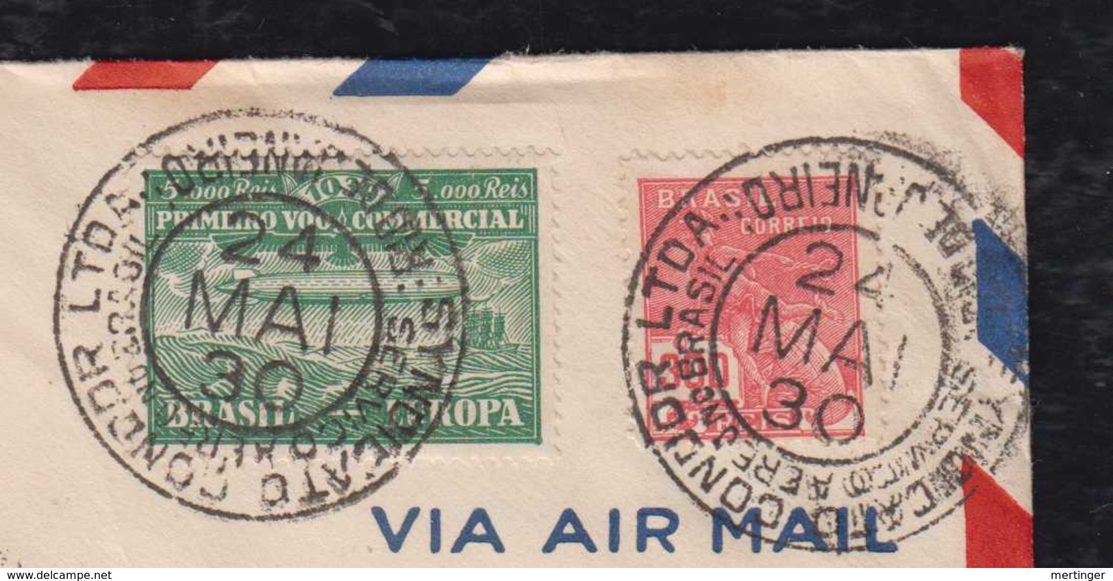 Brasil Brazil 1930 Zeppelin Mi# 1 Cover 180° Turned Date In Postmark To WASHINGTON USA - Luchtpost (private Maatschappijen)