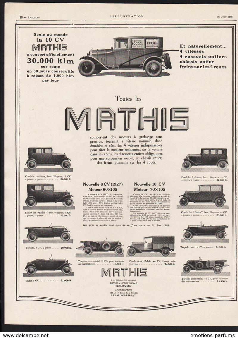 Pub Papier  1930 Automobile MATHIS Automobiles Voiture Camionette Torpedo Spider STRASBOURG Levallois Perret - Advertising