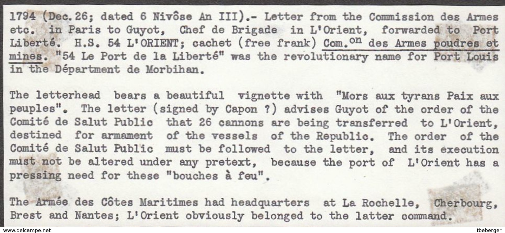 France An 3 / 1794 'Com.on Des Armes Poudres Et Mines' '54 LORIENT' To Port Liberté Nom Rev. De Port Louis (s94) - Marques D'armée (avant 1900)