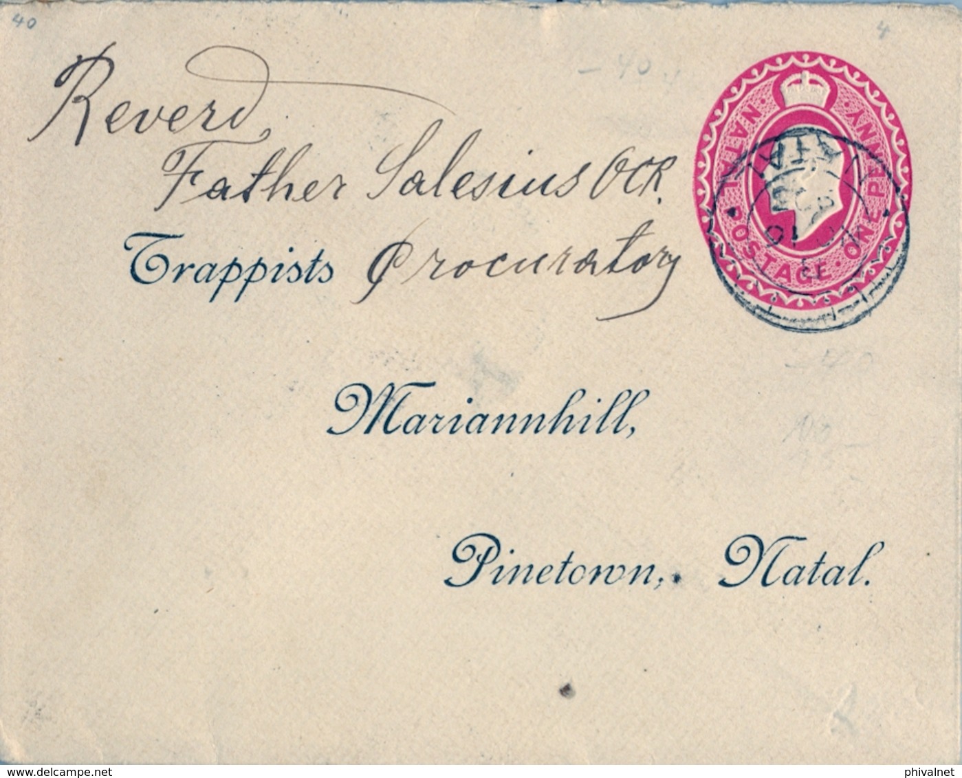 1903 NATAL ,  SOBRE ENTERO POSTAL CIRCULADO , DURBAN - PINETOWN , " P.O.A. / 51 " , TRÁNSITO Y LLEGADA - Natal (1857-1909)