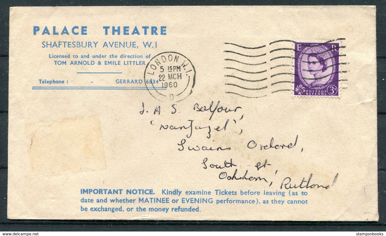 1960 GB London Palace Theatre / Godfrey Davis Ltd Car Hire Advertising Cover - Covers & Documents