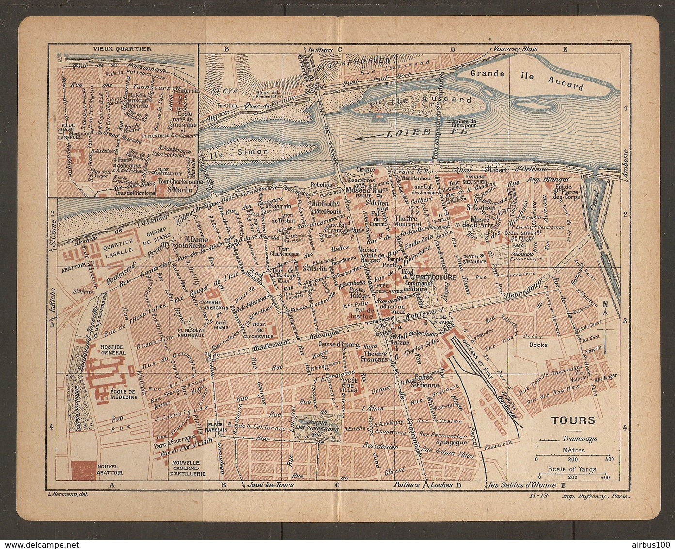 CARTE PLAN 1918 - TOURS VIEUX QUARTIER QUARTIER LASALLE ECOLE DE MEDECINE ILE AUCARD CASERNE D'ARTILLERIE - Topographical Maps