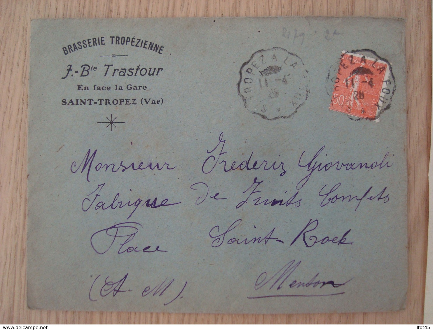 ENVELOPPE ET DOCUMENT BRASSERIE TRPEZIENNE TRASTOUR SAINT-TROPEZ VAR 1926 - 1921-1960: Période Moderne