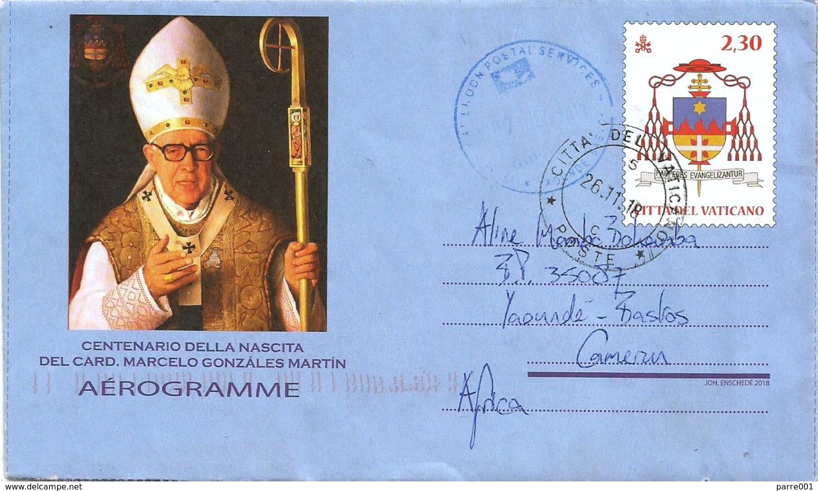 Vatican Vaticano Vatikan 2018 Cardinal Marcelo González Martín Toledo Housing For Poor Ganzsache Aerogramme To Cameroun - Entiers Postaux