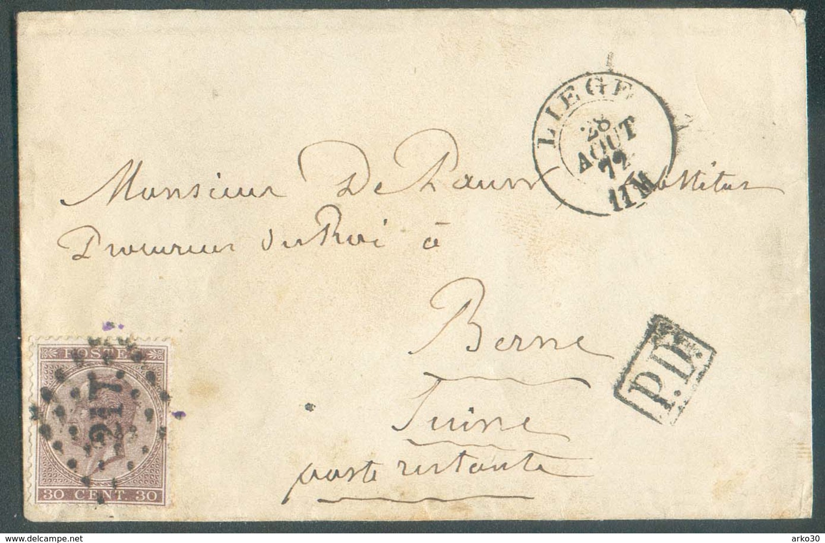 N°19 - 30 Centimes Brun, Obl. LP.217 Sur Enveloppe De LIEGE Le 28 Aout 1872 Vers Berne (CH) - TB -  14260 - 1865-1866 Profile Left