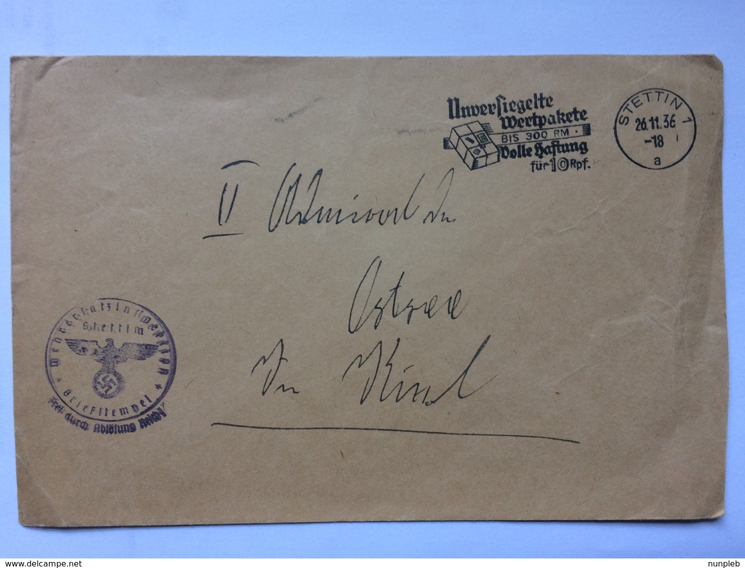 GERMANY 1936 Cover With `unversiegelte Wertpakete Volle Haftung` Slogan Cancel To Kiel With German Eagle Cachet - Storia Postale