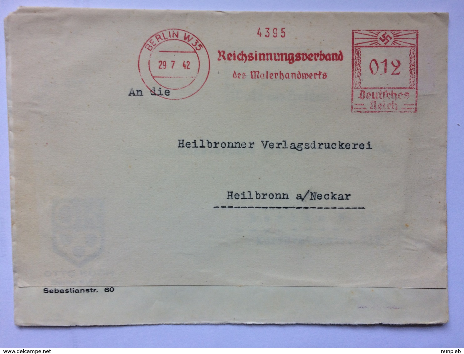 GERMANY 1942 Cover Berlin To Heilbronn Re-used With Reichsinnungsverband Deutsches Reich Meter Mark - Storia Postale