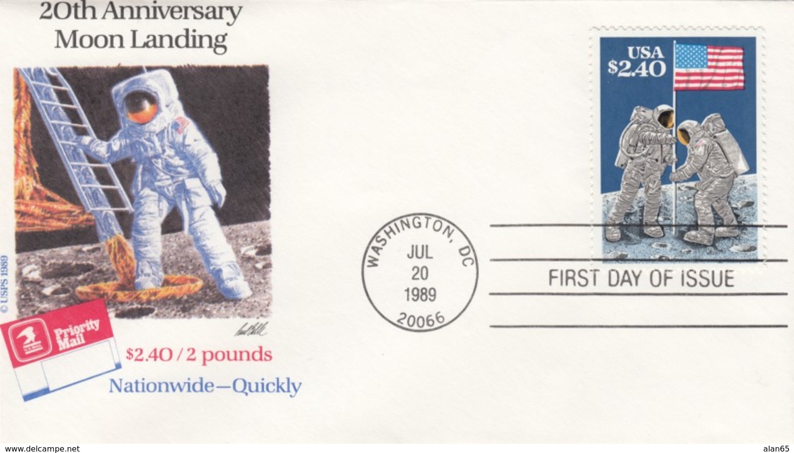 Sc#2419 $2.40 2-pound Rate, 20th Anniversary 1st Moon Landing, 1989 FDC Cover - United States