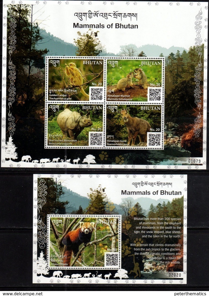 BHUTAN, 2019, MNH, MAMMALS OF BHUTAN, RHINOS, PRIMATES, MONKEYS, RED PANDA,  MARMOTS, SHEETLET+ S/SHEET - Neushoorn