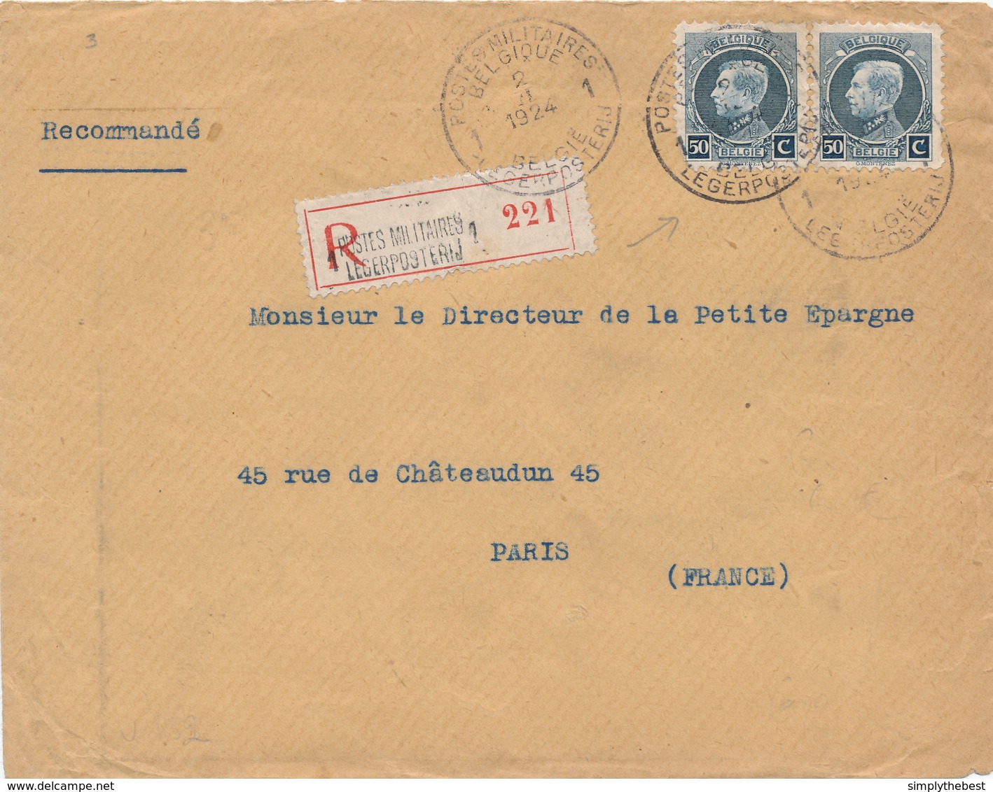 293/29 - Enveloppe Recommandée TP Petit Montenez POSTES MILITAIRES 1 En 1924 Vers PARIS - Covers & Documents