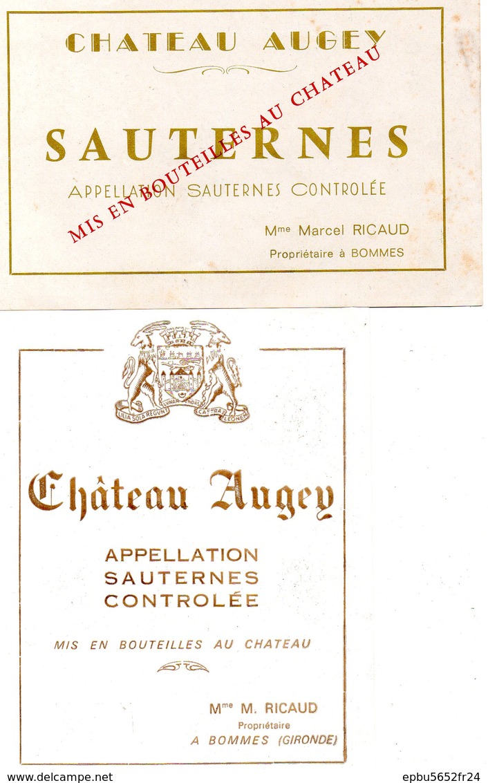 2 Etiquettes  Château  AUGEY Sauternes Mme Marcel Ricaud  Propriétaire à Bommes 33 à Bommes 33 - Bordeaux
