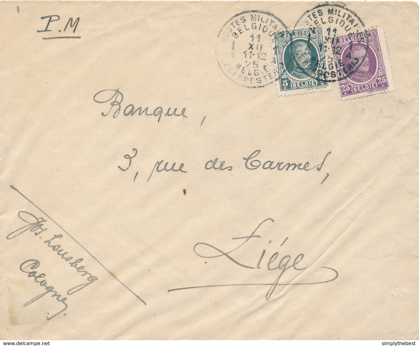 294/29 - Enveloppe TP Houyoux POSTES MILITAIRES 1A En 1925 Vers LIEGE - Expédiée De COLOGNE KOLN - Covers & Documents