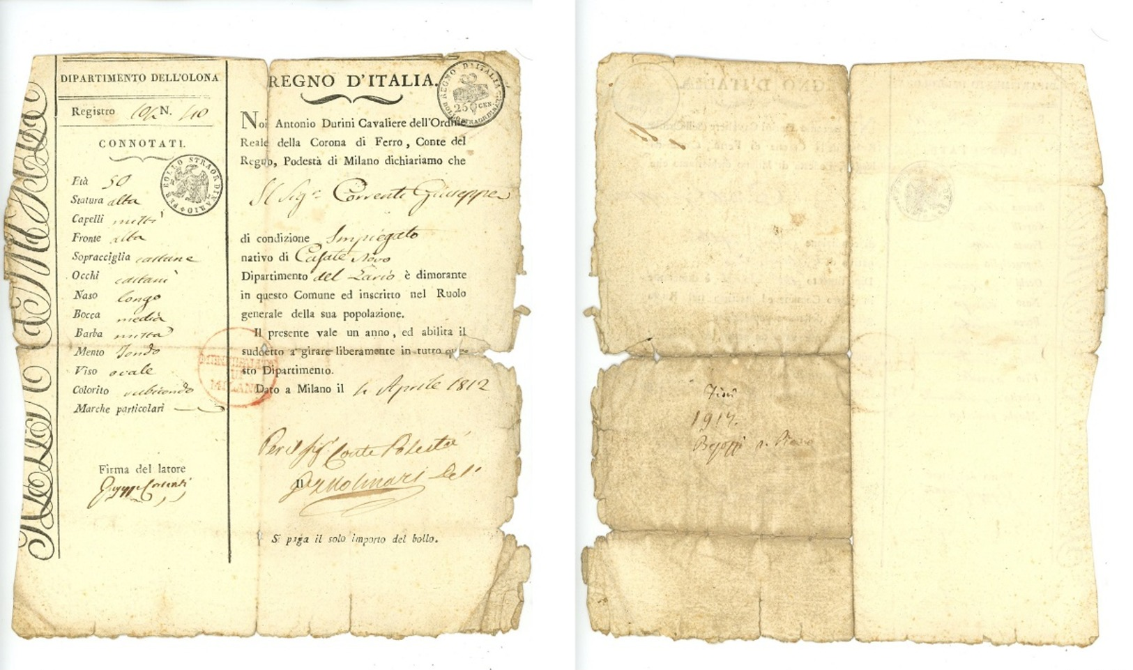 NAPOLEONE-REGNO D'ITALIA-DIPARTIMENTO DELL' OLONA-CARTA D'IDENTITA' 1812 (Z/03) - Gebührenstempel, Impoststempel