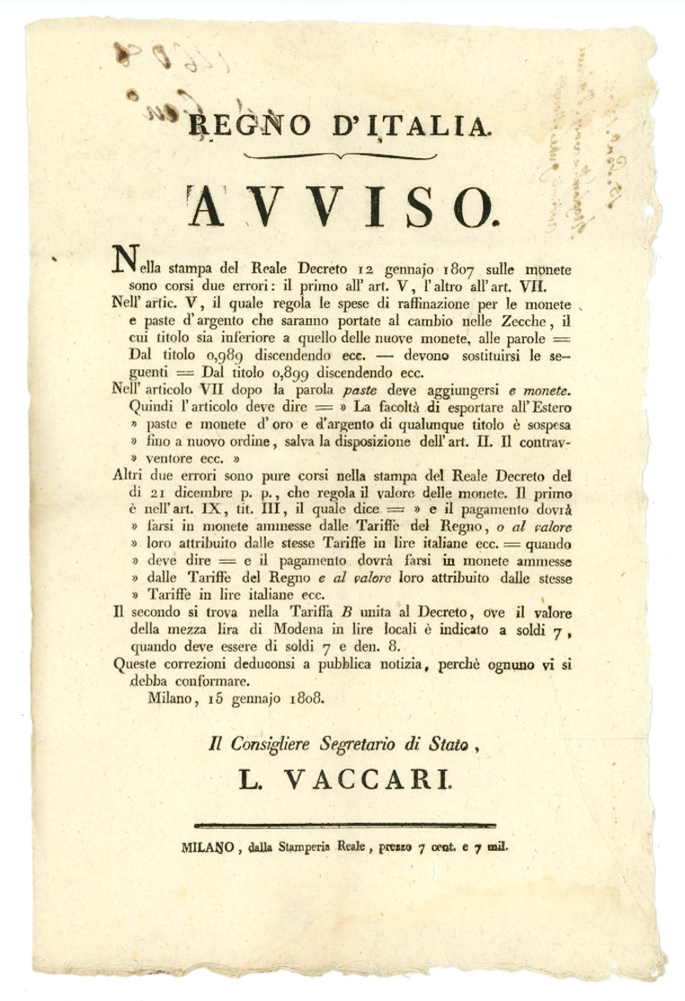 NAPOLEONE-REGNO D'ITALIA-RETTIFICA PRECEDENTI BANDI SU METALLI PREZIOSI E MONETE 1808 (Z/23) - Décrets & Lois