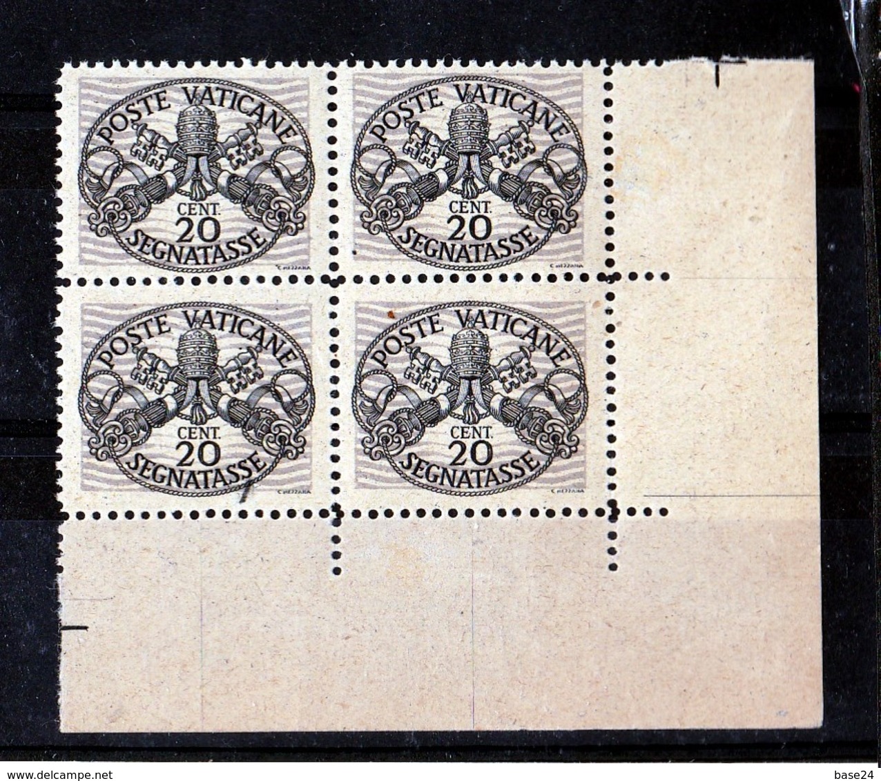 1946 Vaticano Vatican SEGNATASSE Righe Larghe Carta Grigia 20 Cent (14/I) In Quartina MNH** Firm.Biondi POSTAGE DUE Bl.4 - Postage Due