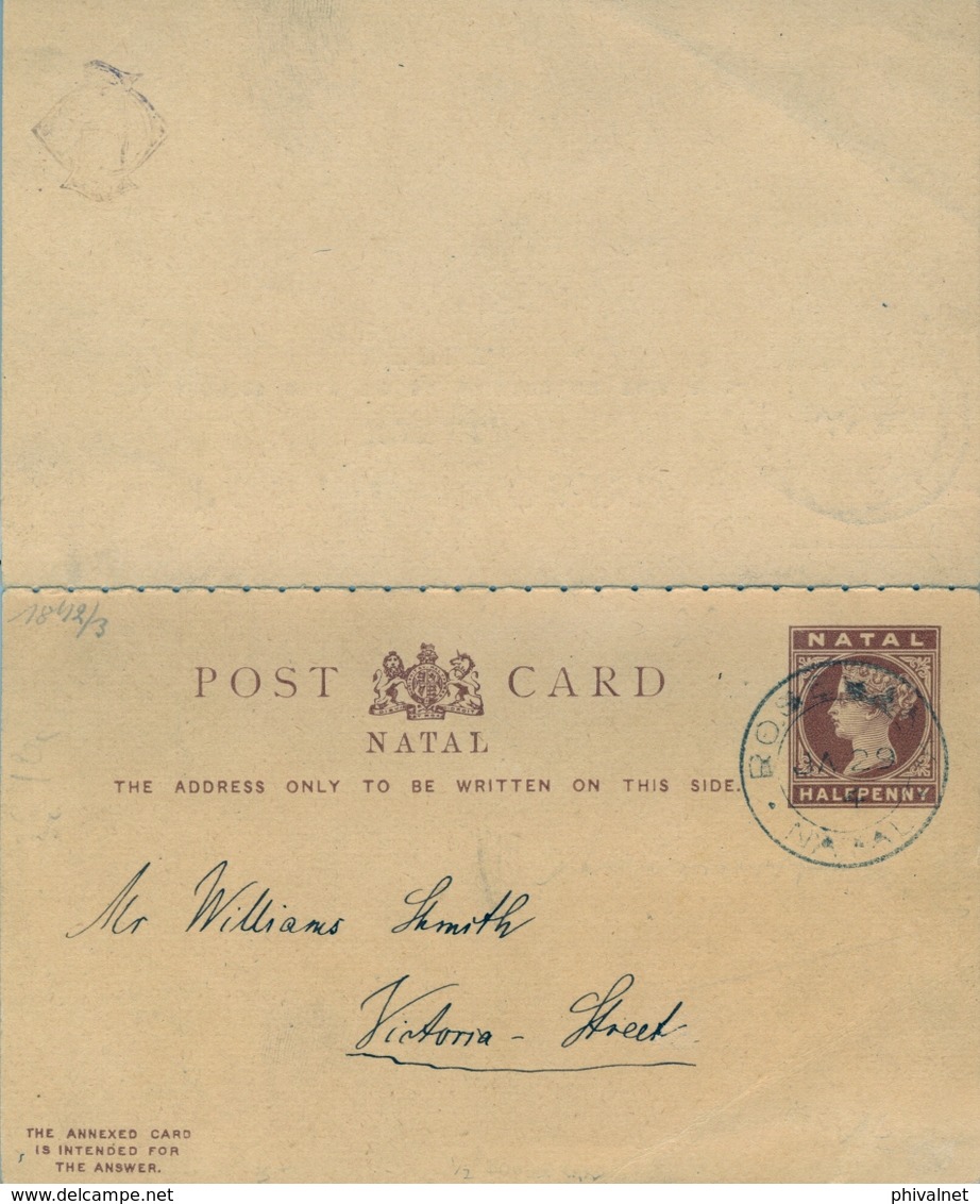 1929 , NATAL , ENTERO POSTAL CON TARJETA DE RESPUESTA , ROSE BANK - Cartas