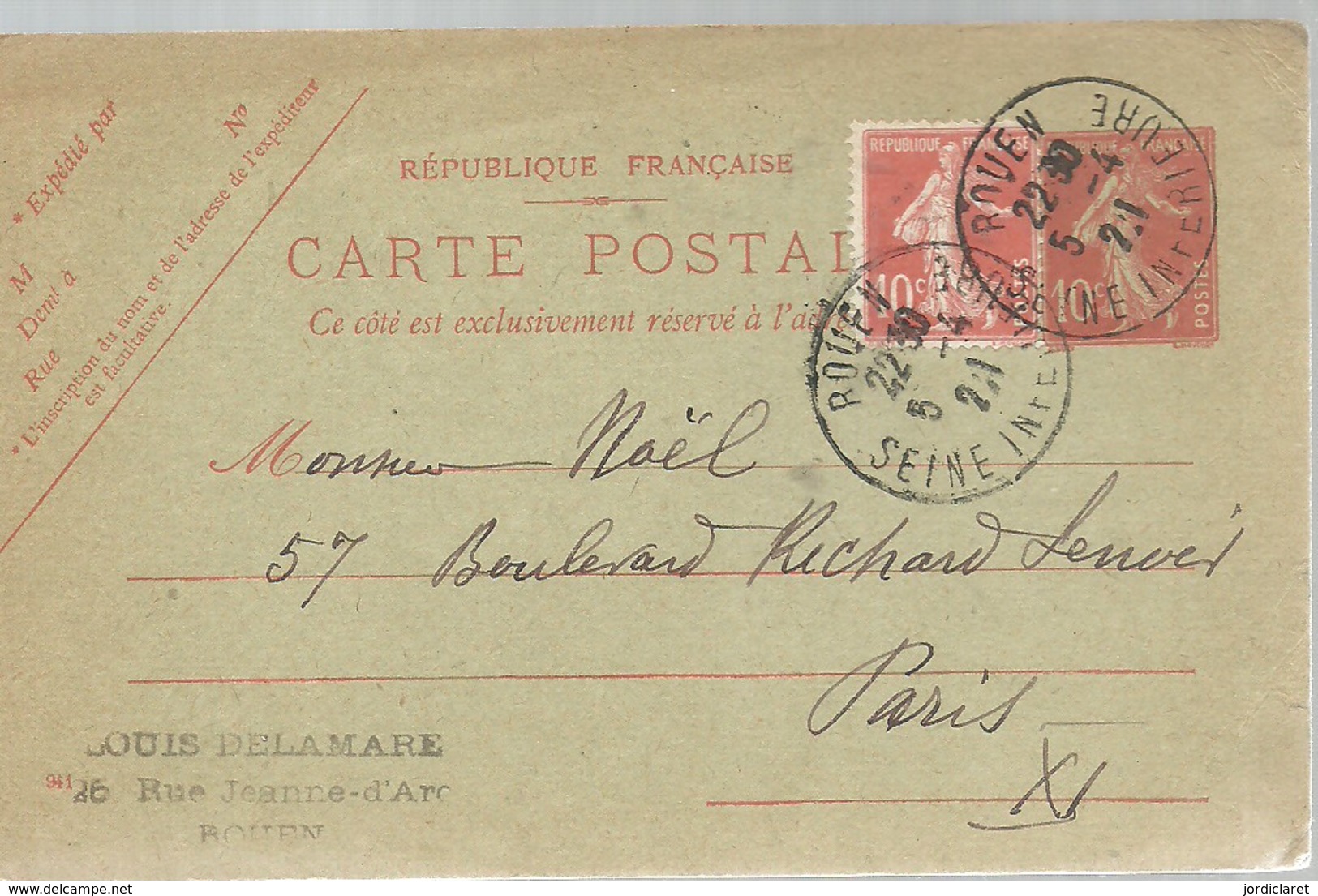 CARTE  POSTALE  1921  ROUEN - Tarjetas Cartas