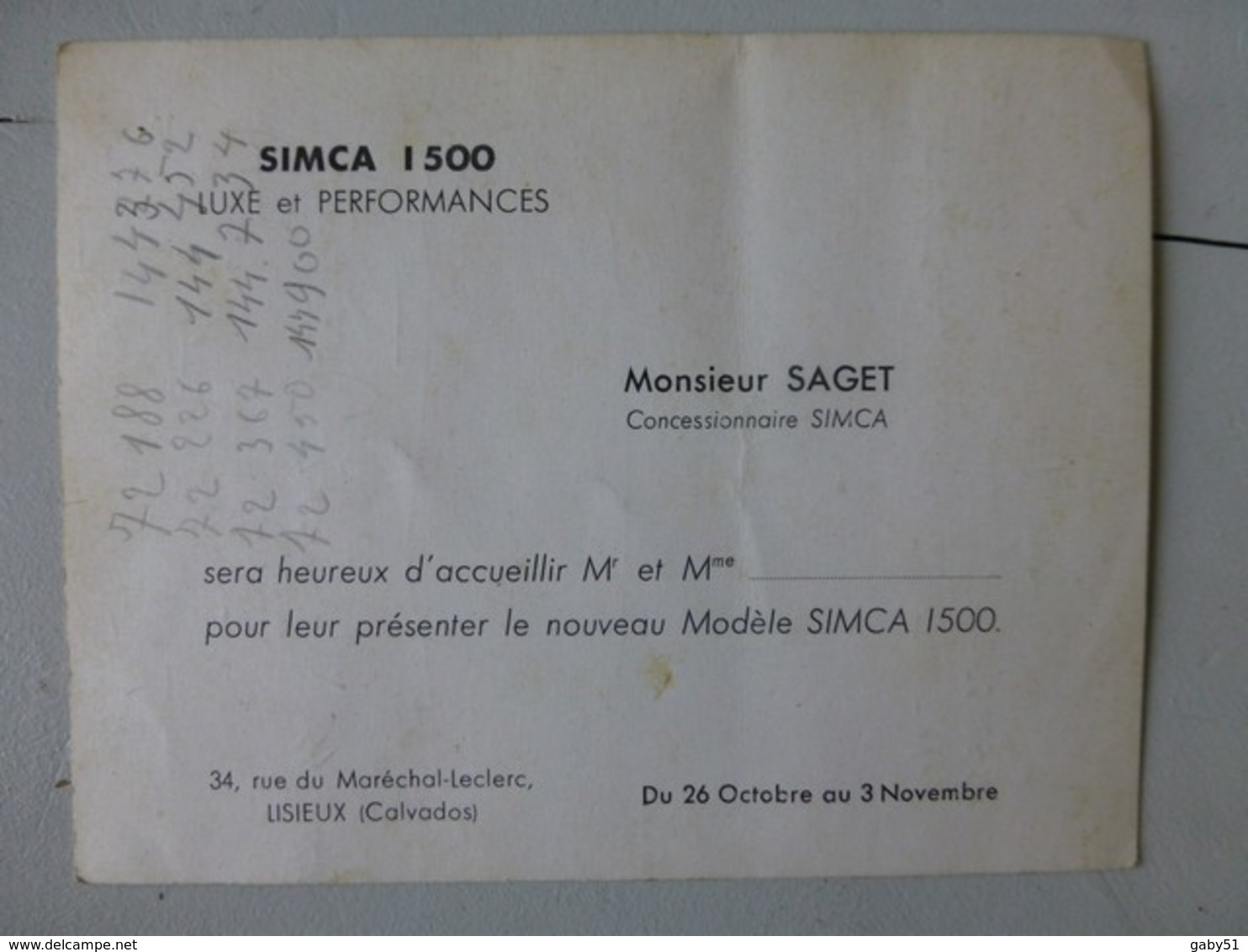 LISIEUX Simca 1500 Carte Du Concessionnaire SAGET, Vers 1965? ; Ref283 ; PAP03 - Advertising