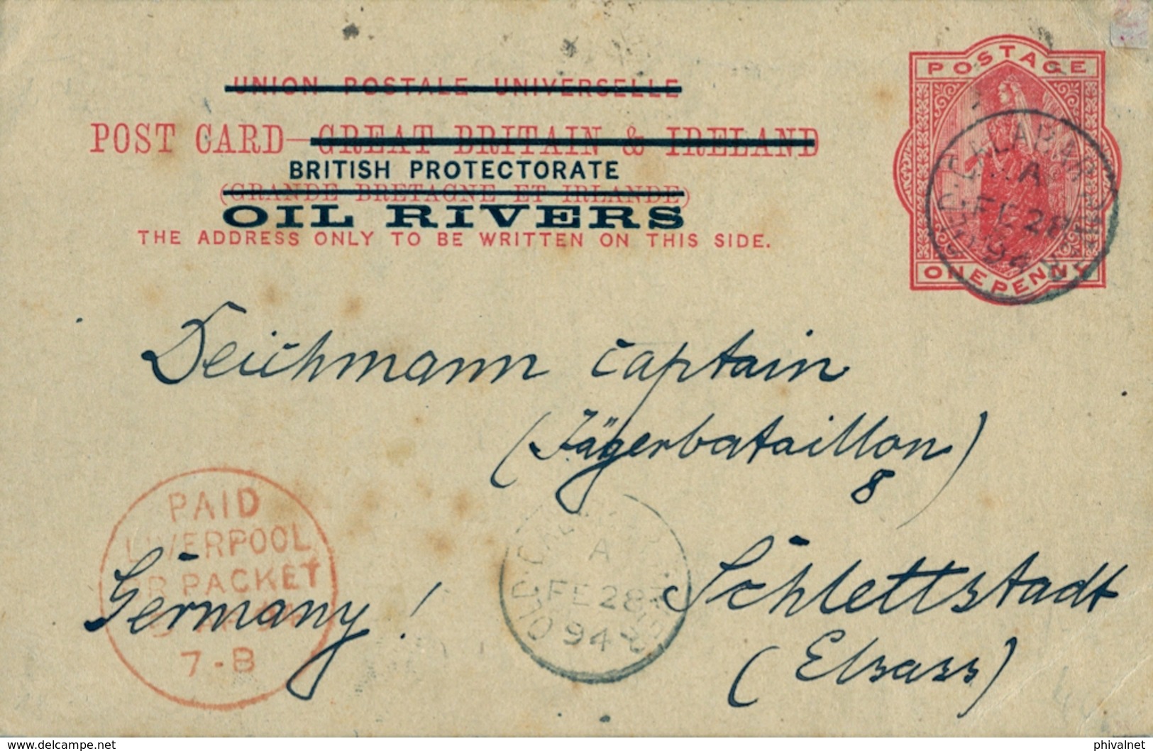 1894 , NIGER COAST / OIL RIVERS , VICTORIA ONE PENNY, ENTERO POSTAL CIRCULADO, OLD CALABAR - SCHLETTSTADT . - Nigeria (...-1960)