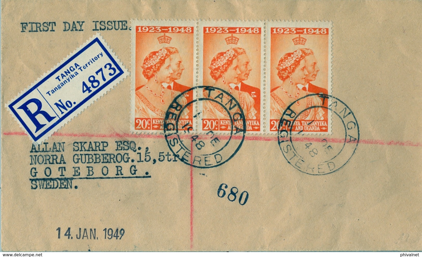 1948 , KENYA , TANGANYIKA & UGANDA , SOBRE CERTIFICADO TANGA - GOTEBORG , AL DORSO TRÁNSITO DE MOMBASA , CORONACIÓN - Kenya, Uganda & Tanganyika