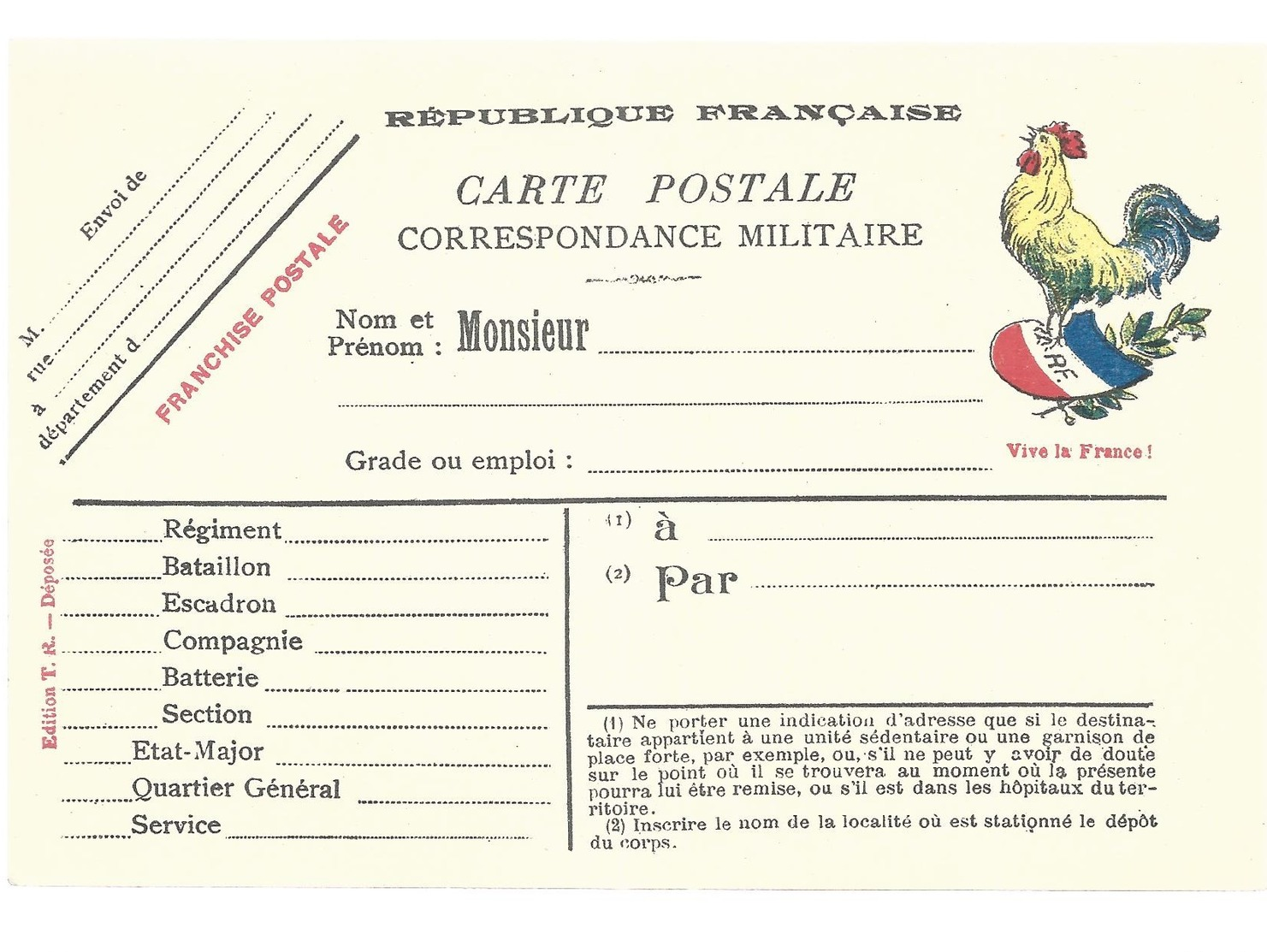 CARTE EN FRANCHISE MILITAIRE  - LE COQ - NON ECRITE - TRES BON ETAT - Cartas & Documentos