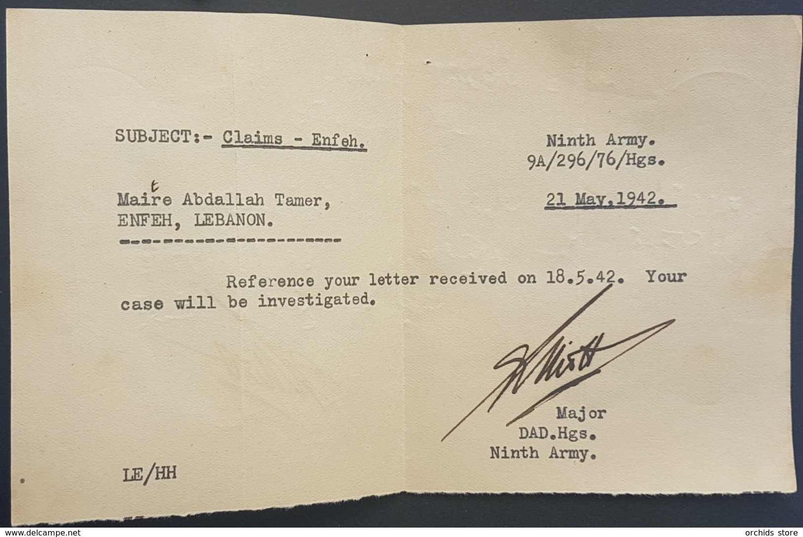 GE Lebanon Superb 1942 Stampless Official Cover Sent & Returned To The British 9th Army HQ Field Post 6 (Aley) ! - Lebanon