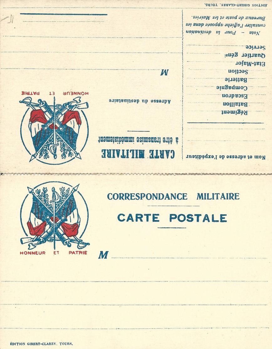 CARTE EN FRANCHISE MILITAIRE  - CARTE DOUBLE (12)  - HONNEUR ET PATRIE- NON ECRITE - TRES BON ETAT - Covers & Documents