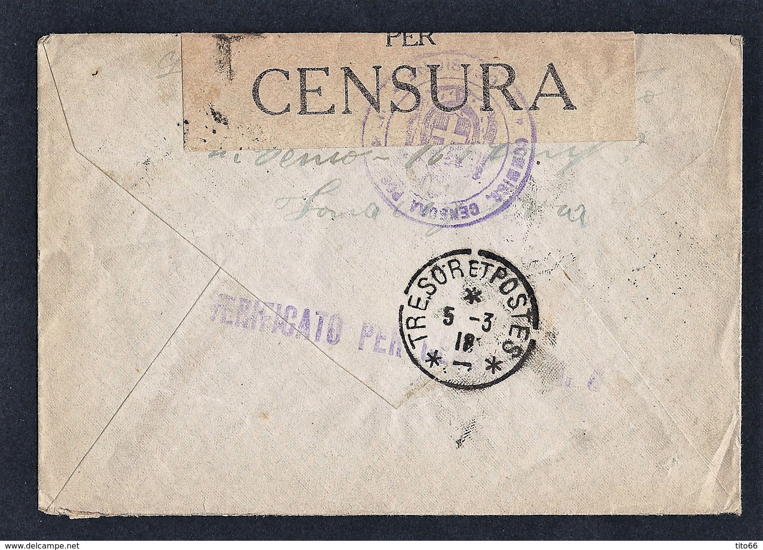 Guerre 14-18 Enveloppe Italienne Avec TAD Militaire Du 25/2/18 TAD Trésor Poste 5 Tampon Et Bande De Censure - WW I