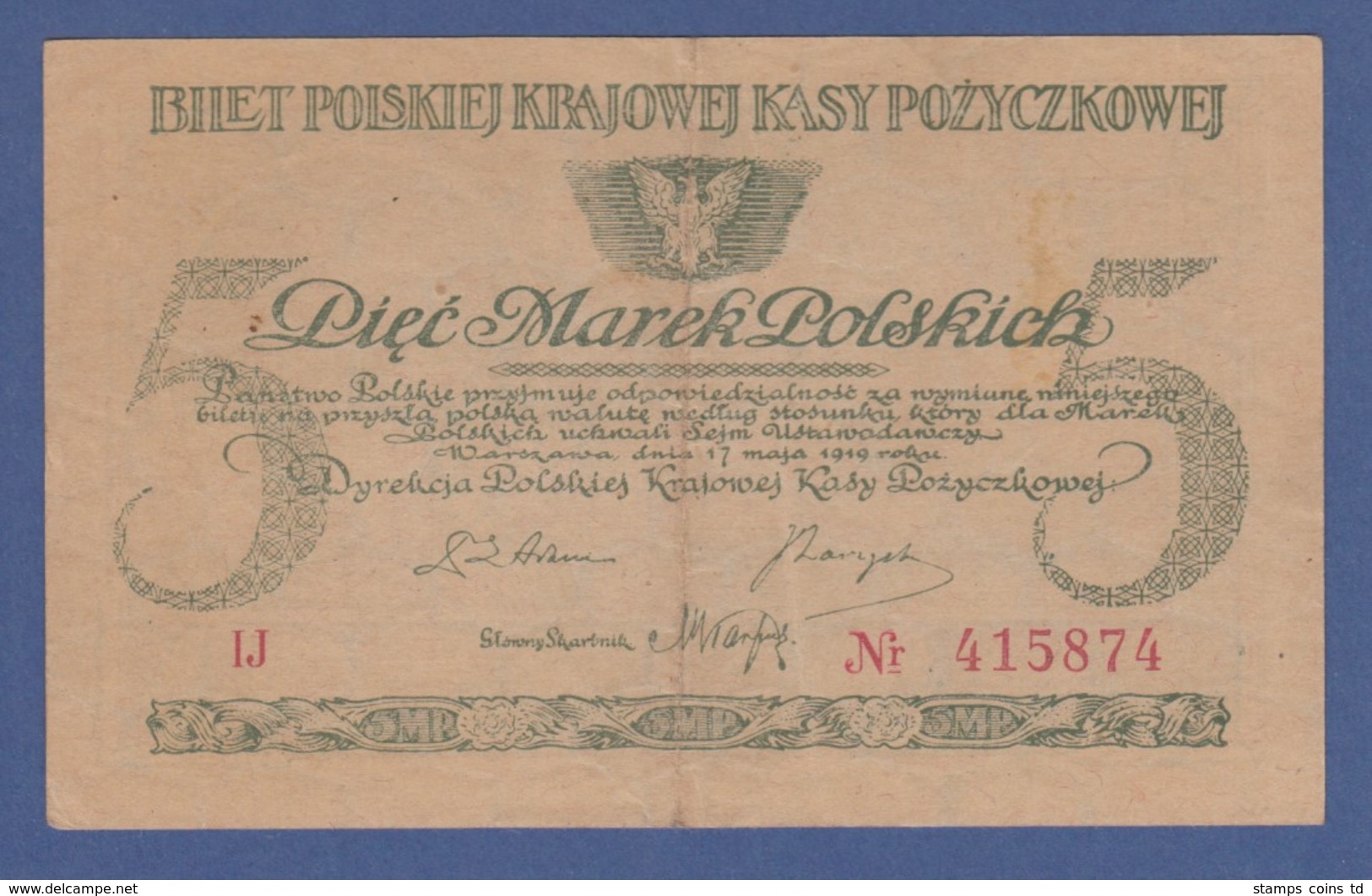 Banknote Polen 1919 5 Mark (Marek Polskich) Bartosz Glowacki - Polonia