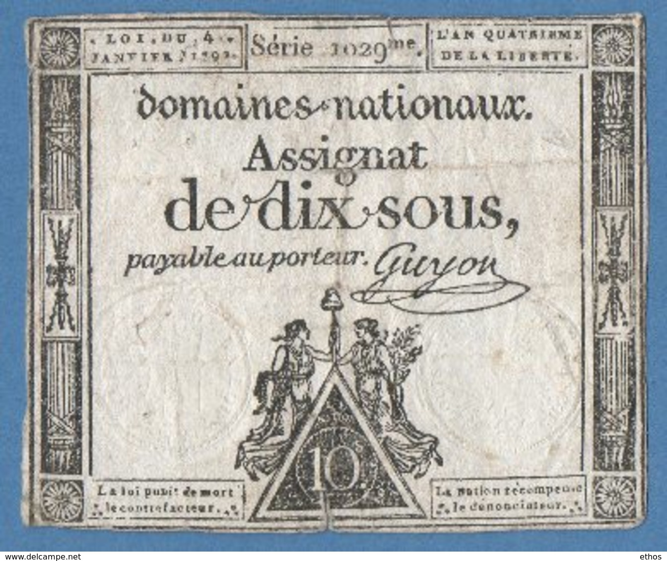 ASSIGNAT De DIX SOUS L'An 4 De La République Série 1029me Signé " GUYON "..... - Assignats & Mandats Territoriaux