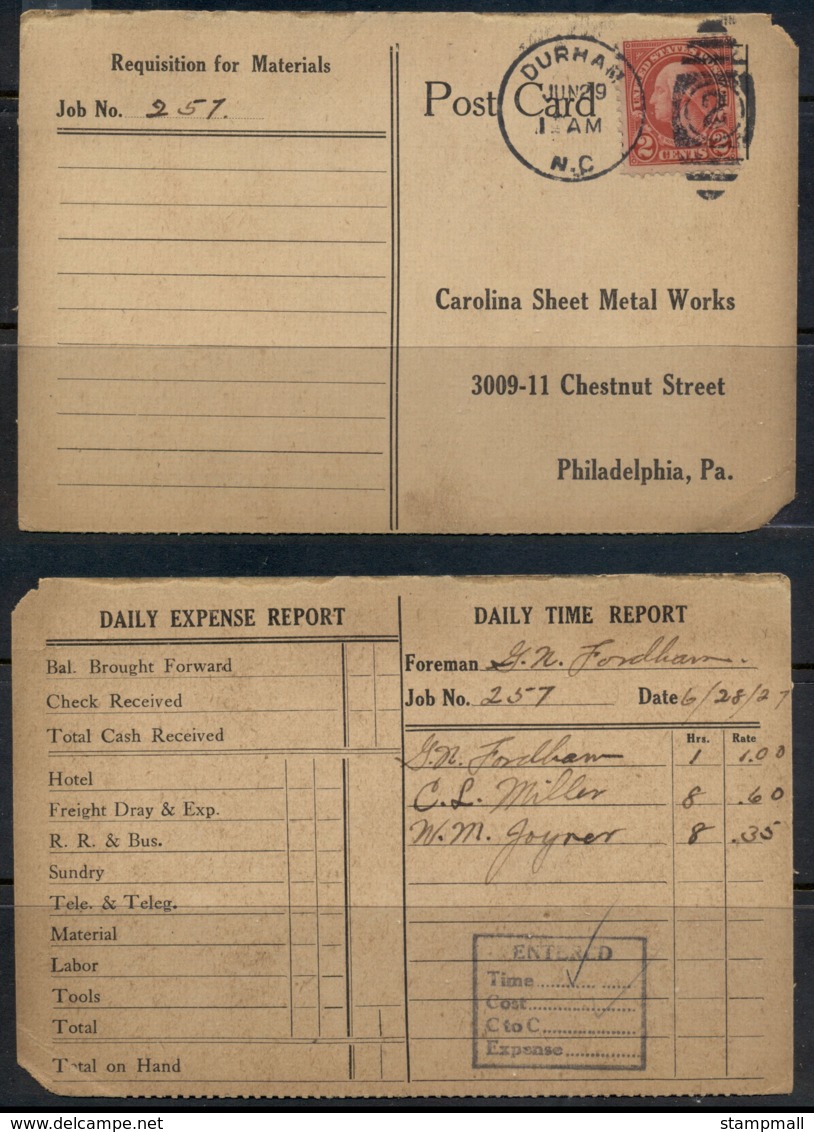 USA 1922-38 Fourth Bureau Washington 2c Durham 1927 Carolina Sheet Metal Works Requisition Card - Covers & Documents