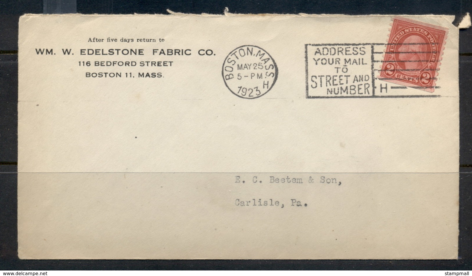 USA 1922-38 Fourth Bureau Washington 2c Edelstone Fabric CC, Boston 1923 Cover - Covers & Documents