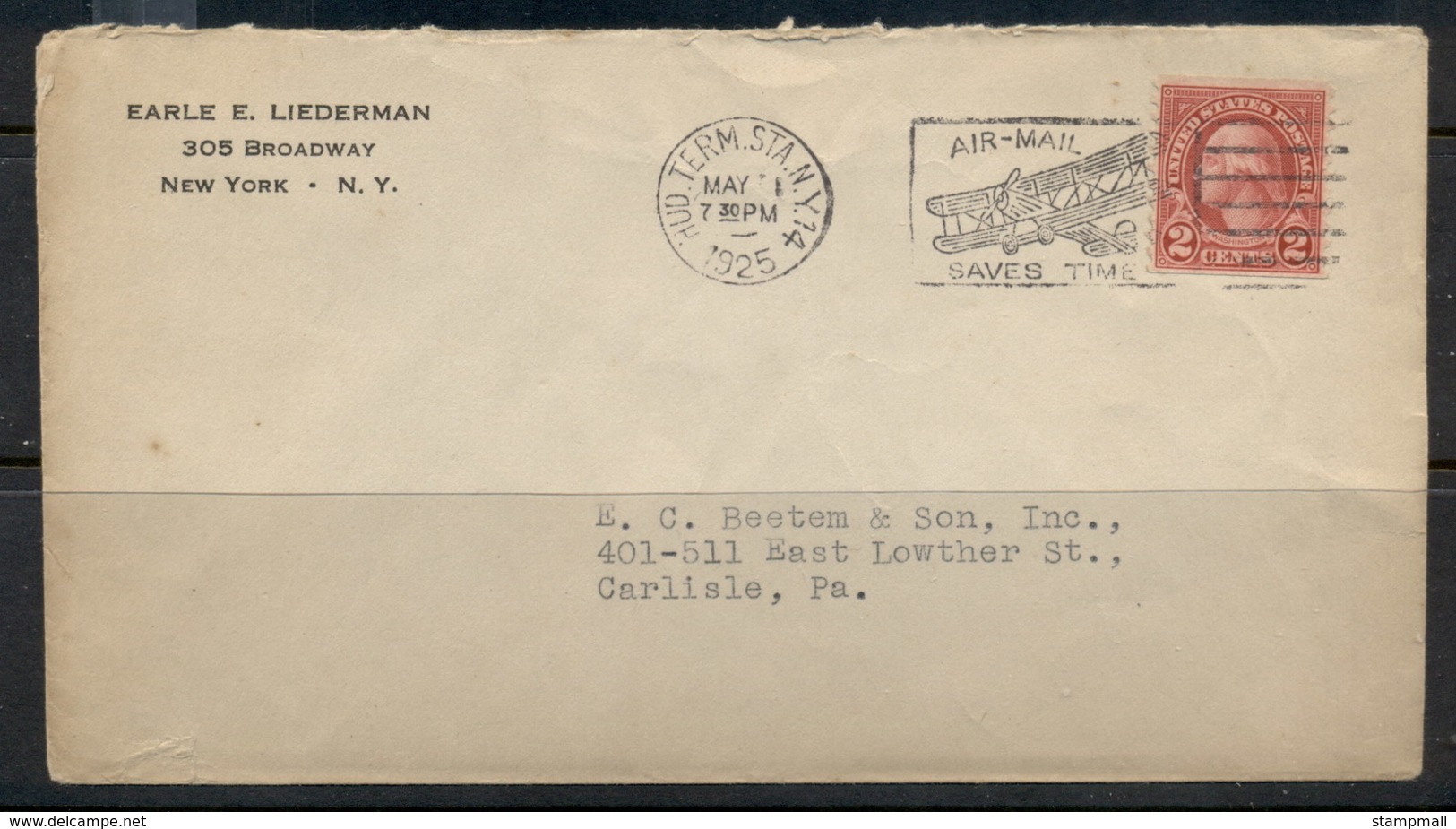 USA 1922-38 Fourth Bureau Washington 2c Coil Earle Liederman CC, Hudson Terminal, Air Mail  Machine Cancel Cover - Covers & Documents