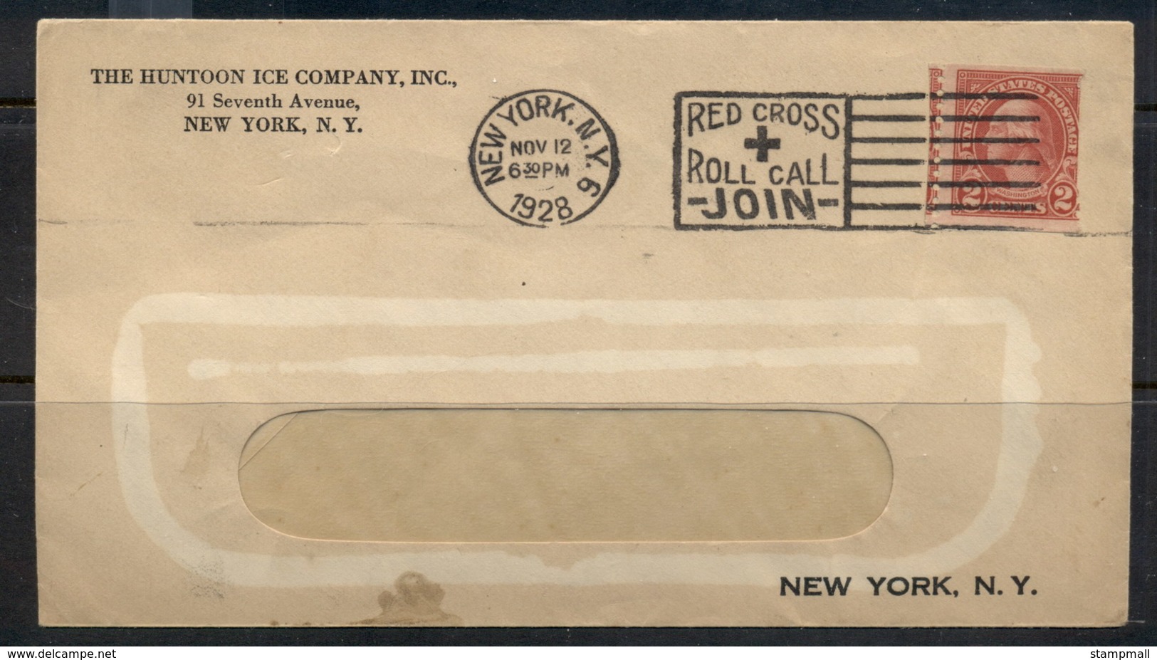 USA 1922-38 Fourth Bureau Washington 2c Coil Huntoon Ice Corner Card, Red Cross Window Cover - Covers & Documents