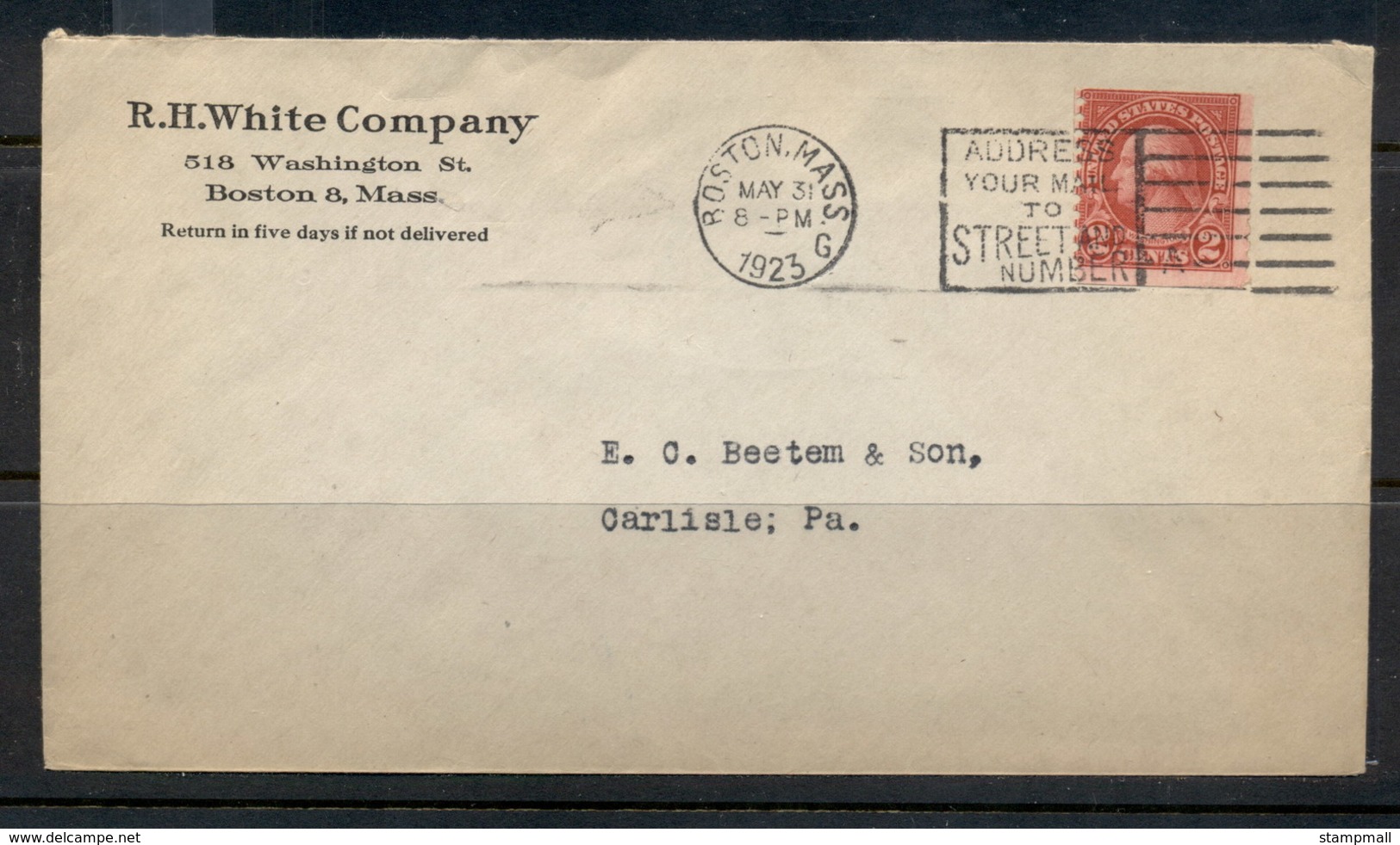 USA 1922-38 Fourth Bureau Washington 2c Coil, RH White Company CC, Boston 1923 Cover - Covers & Documents