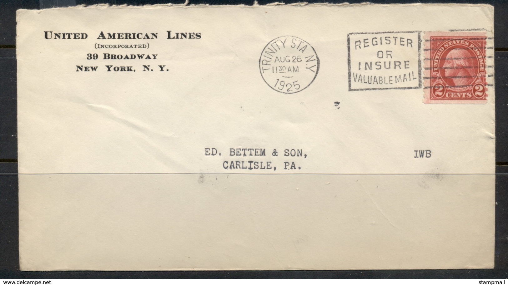 USA 1922-38 Fourth Bureau Washington 2c Coil, United American LinesCC, Trinity Sta. 1925 Cover - Covers & Documents