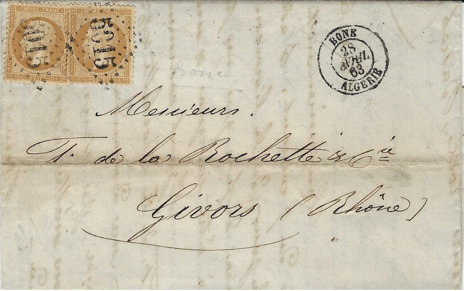 1863- Lettre De BONE / ALGERIE  Affr. Paire N°21 Oblit. G C 5015 - 1849-1876: Période Classique