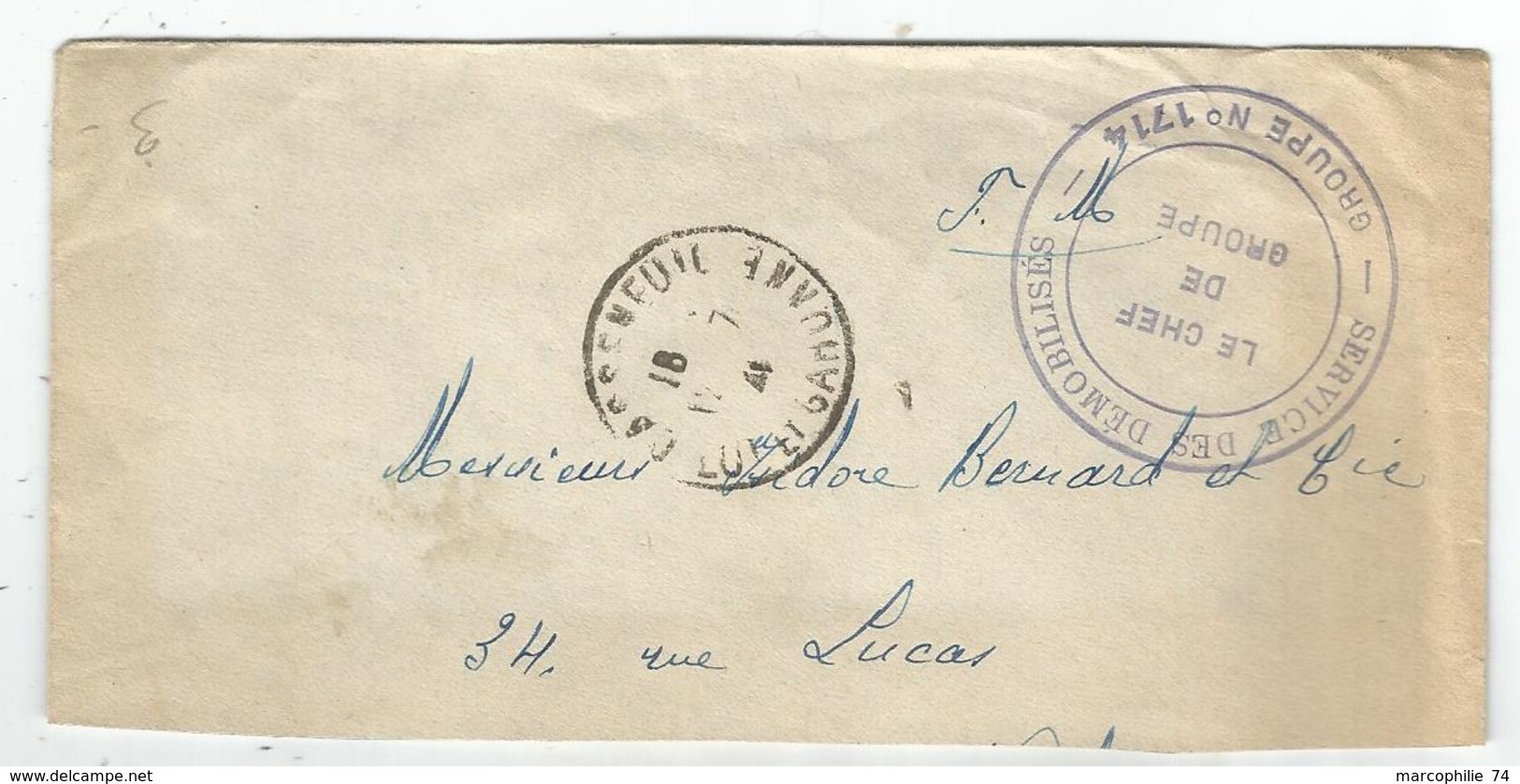 LETTRE FM INCOMPLETE EN BAS CASSENEUIL LOT ET GARONNE 1941 + SERVICES DES DEMOBILISES GROUPE N°1714 - Guerra De 1939-45