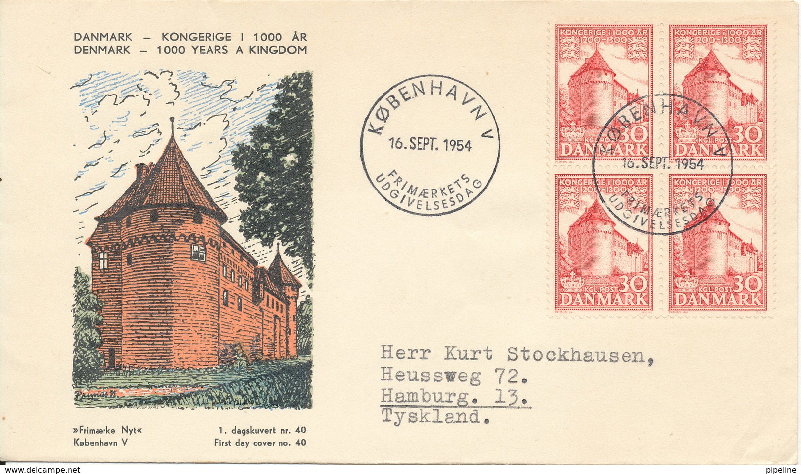 Denmark FDC 16-9-1954 Denmark Kingdom For 1000 Years In Block Of 4 With Cachet - FDC