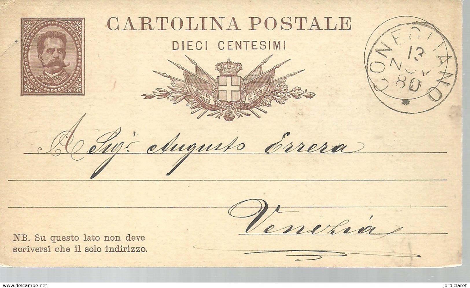 CARTOLINA POSTALE  CONEGLIANO  1880 - Stamped Stationery