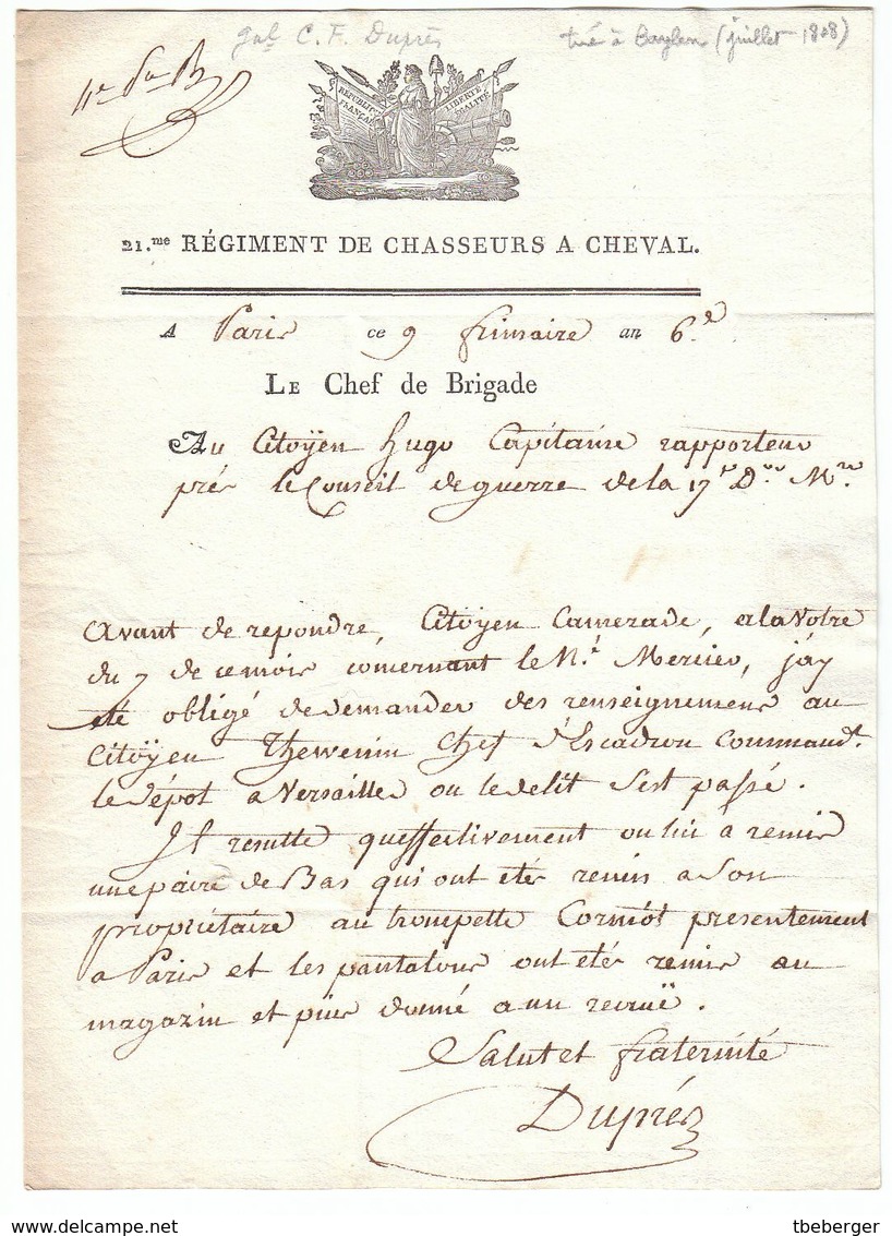 France An 6 / 1797 Paris Régiment Chasseurs à Cheval Pour Le Père De Victor Hugo (s100) - Sellos De La Armada (antes De 1900)