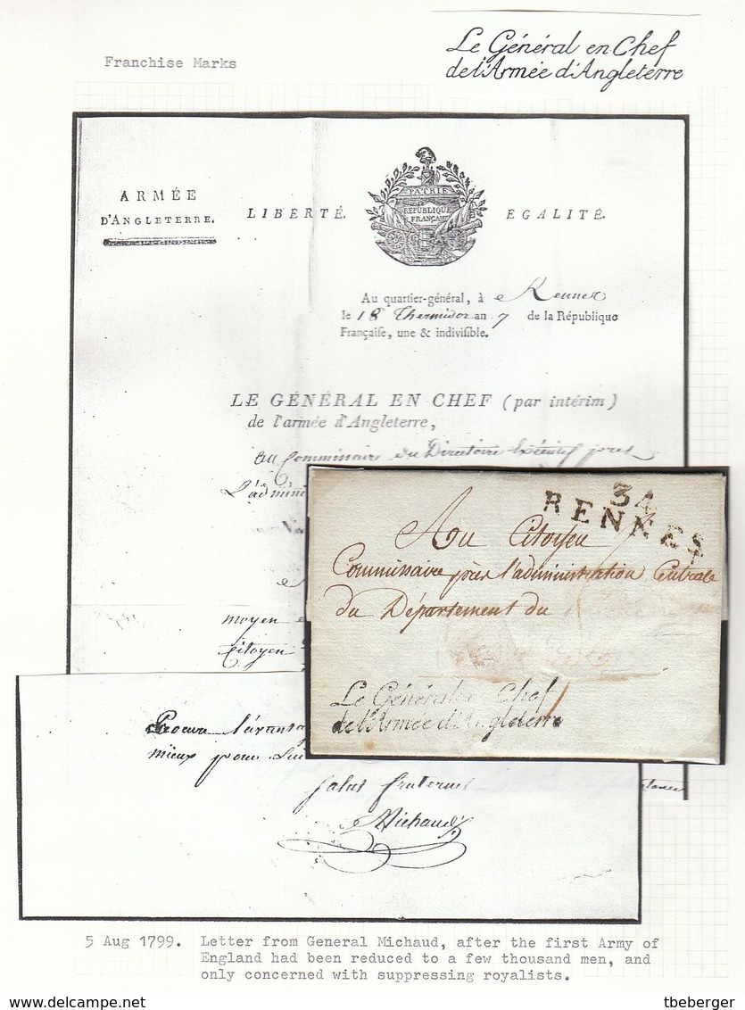 France An 7 / August 1799 'Le Général En Chef De L'Armée D'Angleterre' & '34 RENNES' General Michaud (s101) - Marques D'armée (avant 1900)
