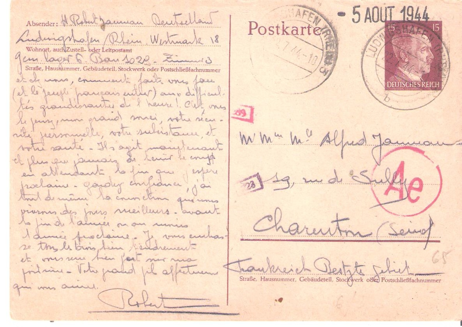 Courrier D'un Travailleur Du S.T.O. à LUDWIGSHAFFEN Adressé à CHARENTON - Guerre De 1939-45