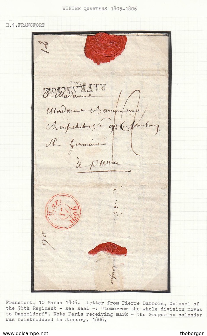 France Allemagne 1805 Frankfurt 'R.1.FRANCFORT' Pour Paris, Quartier D'hiver Mouvement Pour Düsseldorf (s109) - Marques D'armée (avant 1900)