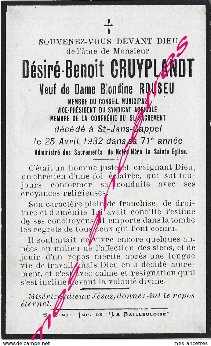 1932- Saint Jans Cappel-Désiré CRUYPLANDT  Conseil Municipal-syndicat Agricole-confrérie Du Saint Sacrement-ép ROUSEU - Décès
