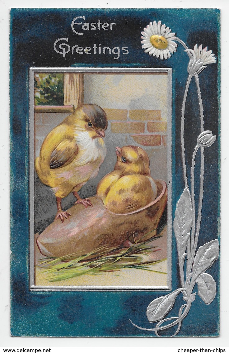 Easter Greetings - Chicks In Clog - Edwardian Embossed Card - Easter