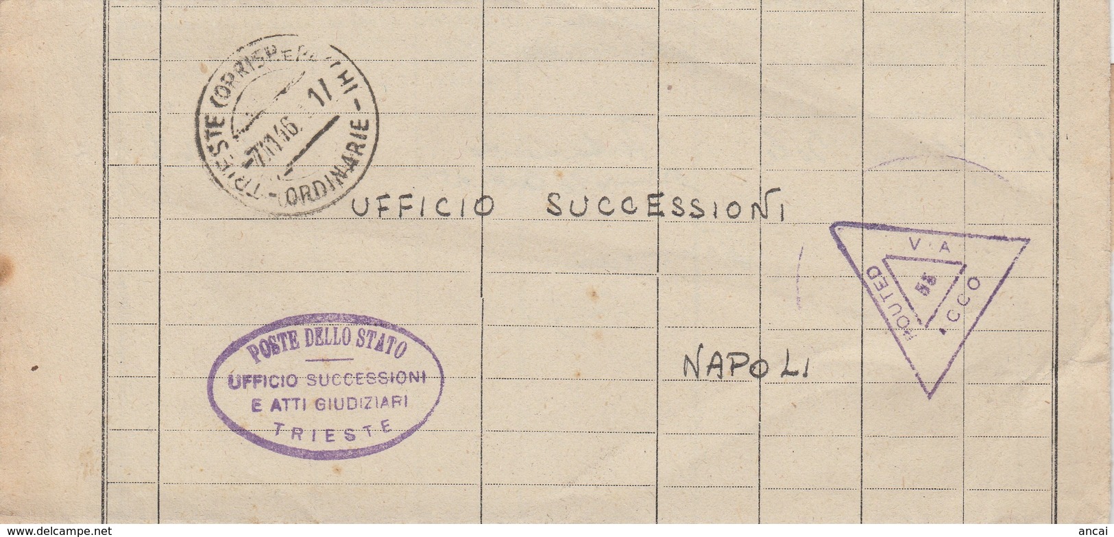 Trieste.1946. Annullo Guller + Ovale UFFICIO SUCCESSIONI E ATTI GIUDIZIARI, Su Modulo Ufficio Successioni, In Franchigia - 1946-60: Storia Postale