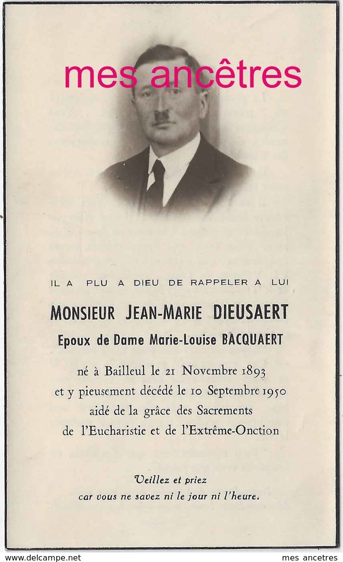 1950- Bailleul (59) -Jean-Marie DIEUSAERT ép Marie-Louise BACQUAERT Né 1893 - Décès